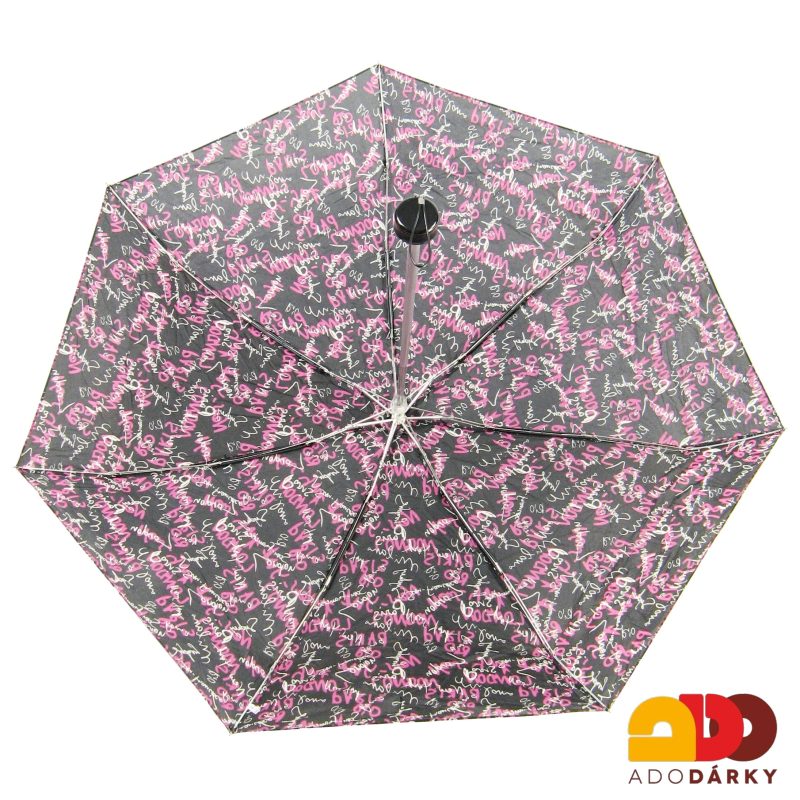 MINI skládací dámský deštník růžovo-černý s nápisy