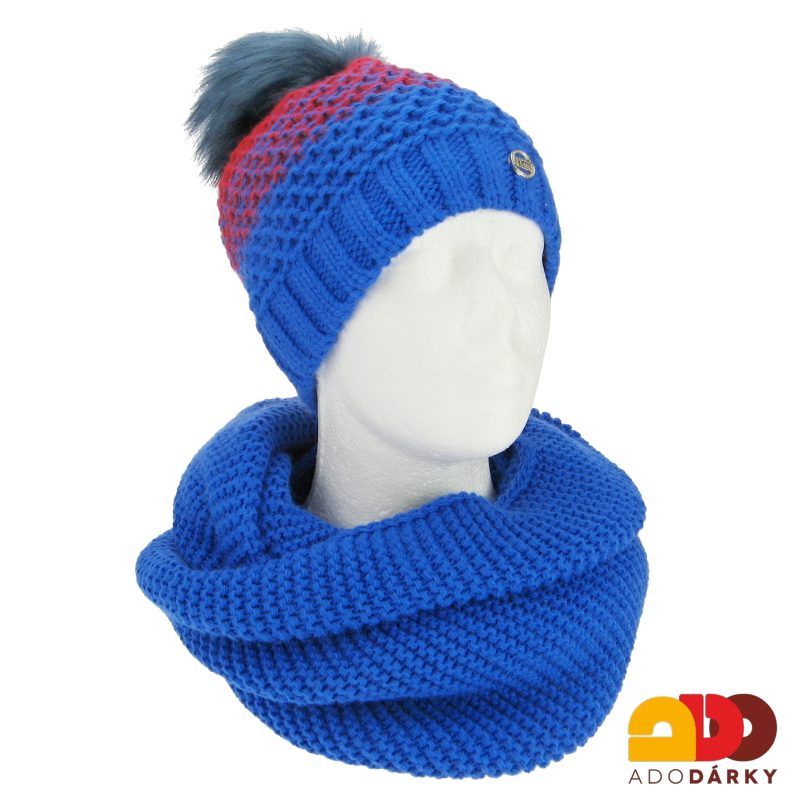 Souprava pleteného tunelu a čepice s bambulí modročervená