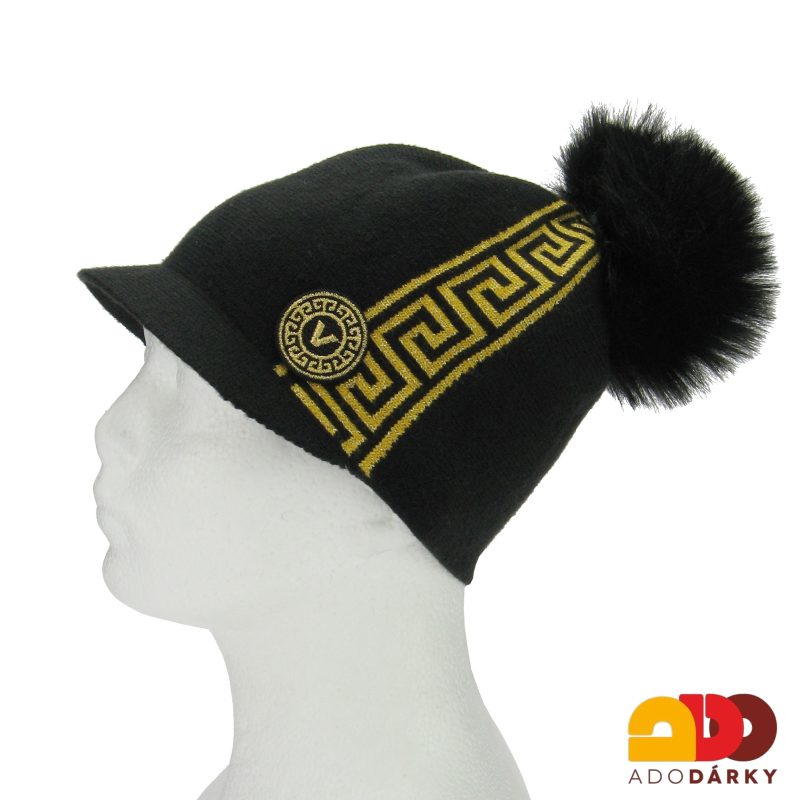 Pletená čepice s kšiltem a bambulí černozlatá