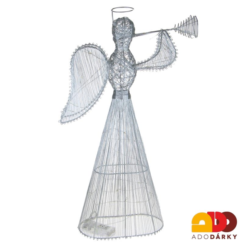 Stříbrný drátěný anděl s LED osvětlením 53 cm