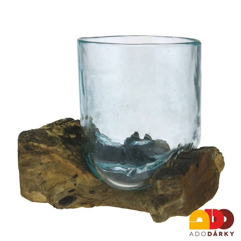 Skleněná váza v "dřevěném samorostu" 21 cm