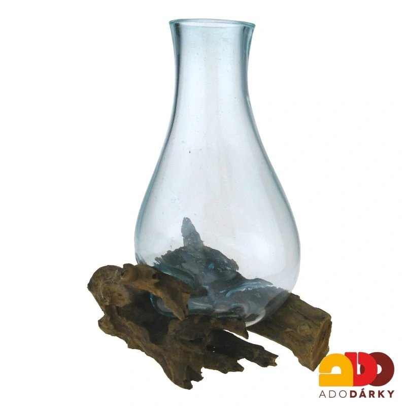 Skleněná váza v "dřevěném samorostu" 29 cm