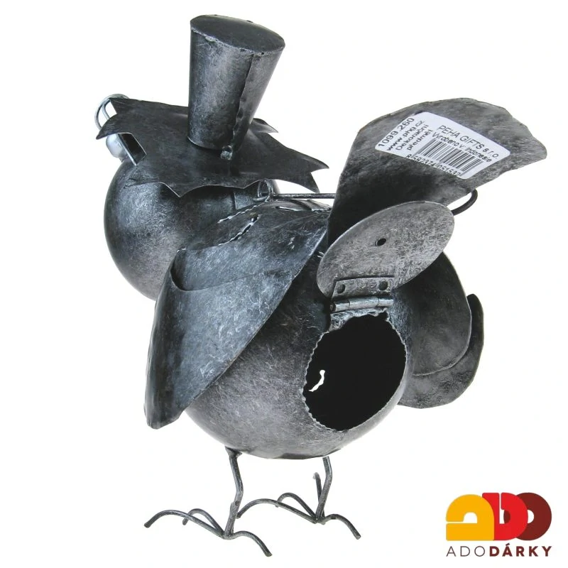 Kovový pták s brýlemi a kloboukem - svícen 27 cm