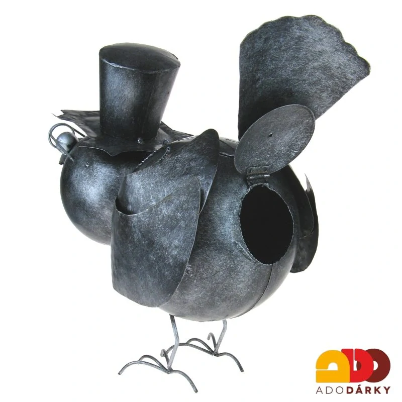 Kovový pták s brýlemi a kloboukem - svícen 48 cm