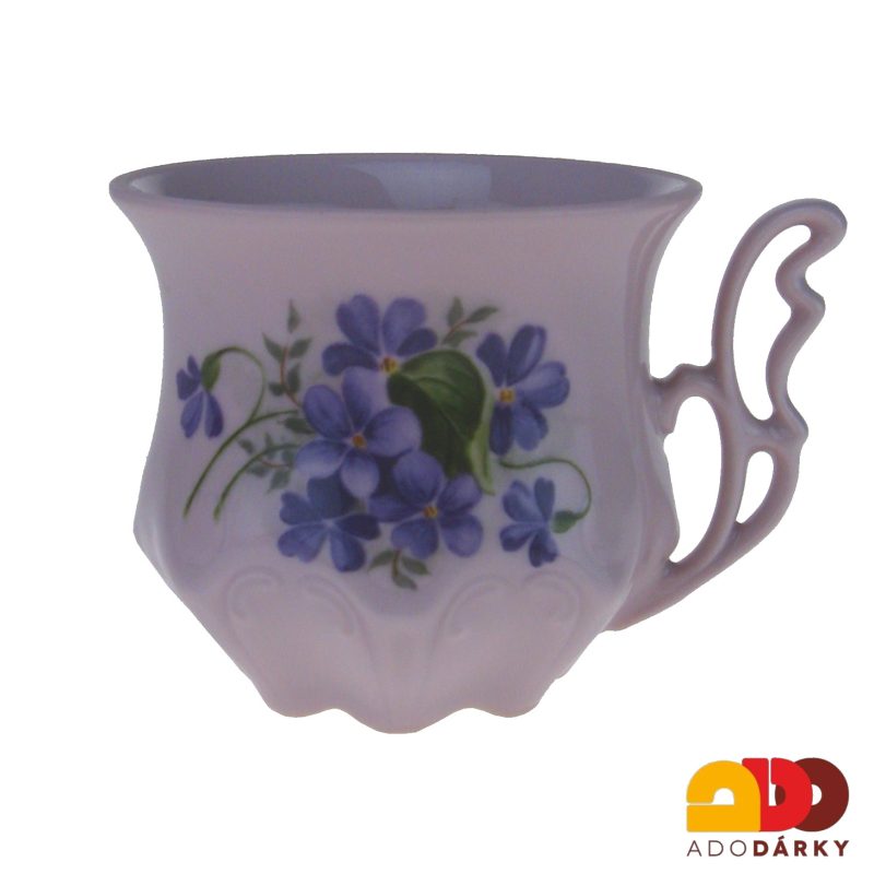 Snídaňová sada 2 hrnků s podšálkem růžový porcelán fialky 120 ml
