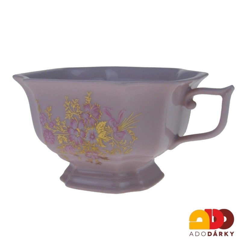 Sada čajových šálků s podšálky růžový porcelán - růžovozlaté květy 150 ml