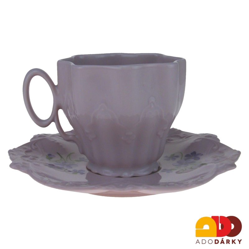Sada šálků s podšálky růžový porcelán fialky 200 ml