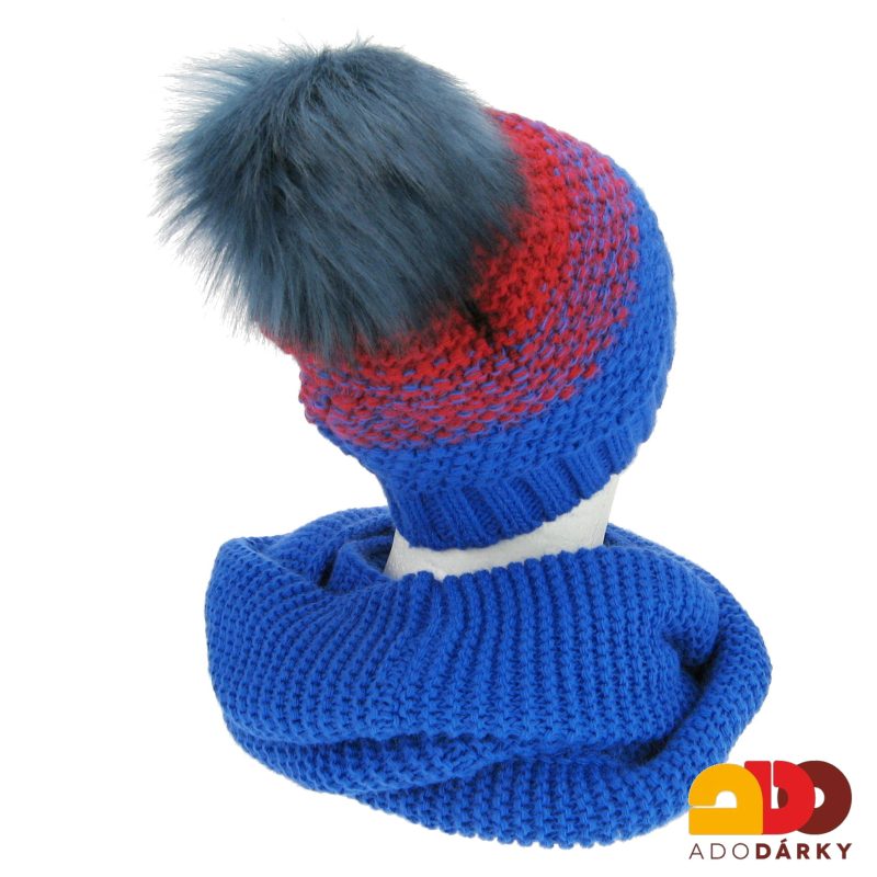 Souprava pleteného tunelu a čepice s bambulí modročervená