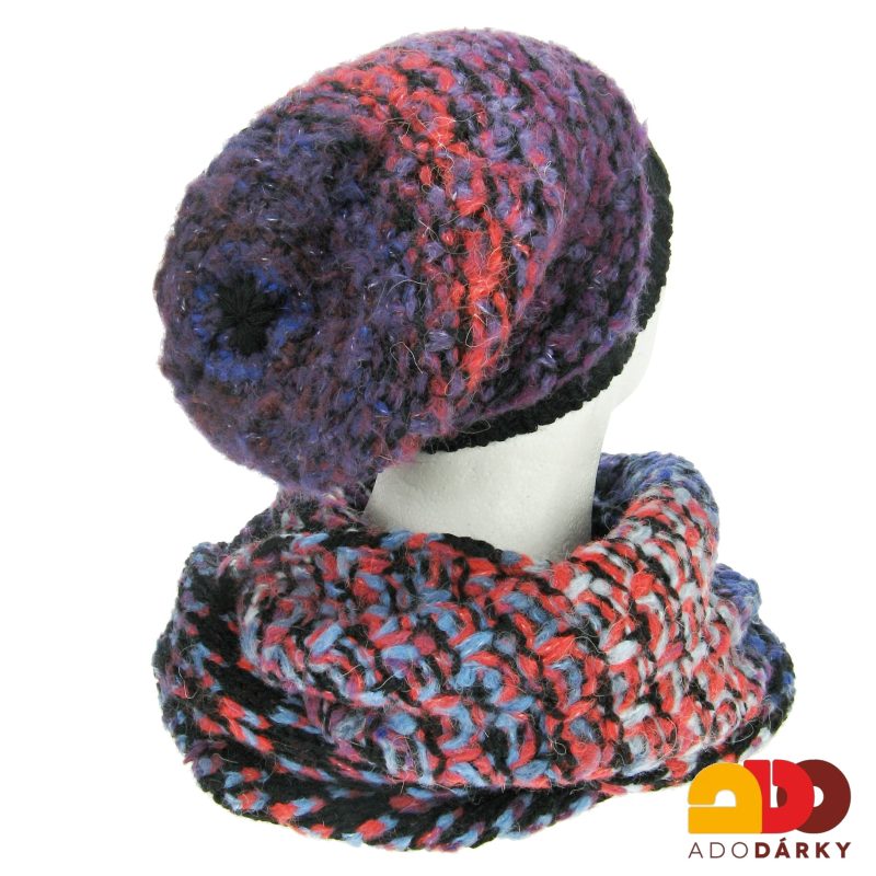Souprava pleteného tunelu a čepice fialovobarevná
