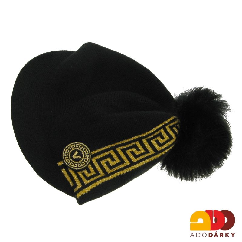 Pletená čepice s kšiltem a bambulí černozlatá