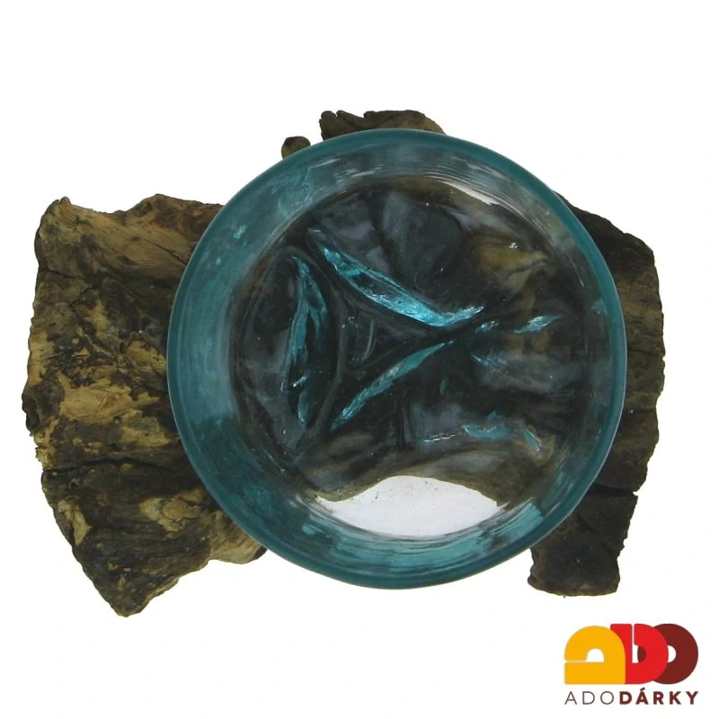 Skleněná váza v "dřevěném samorostu" 21 cm