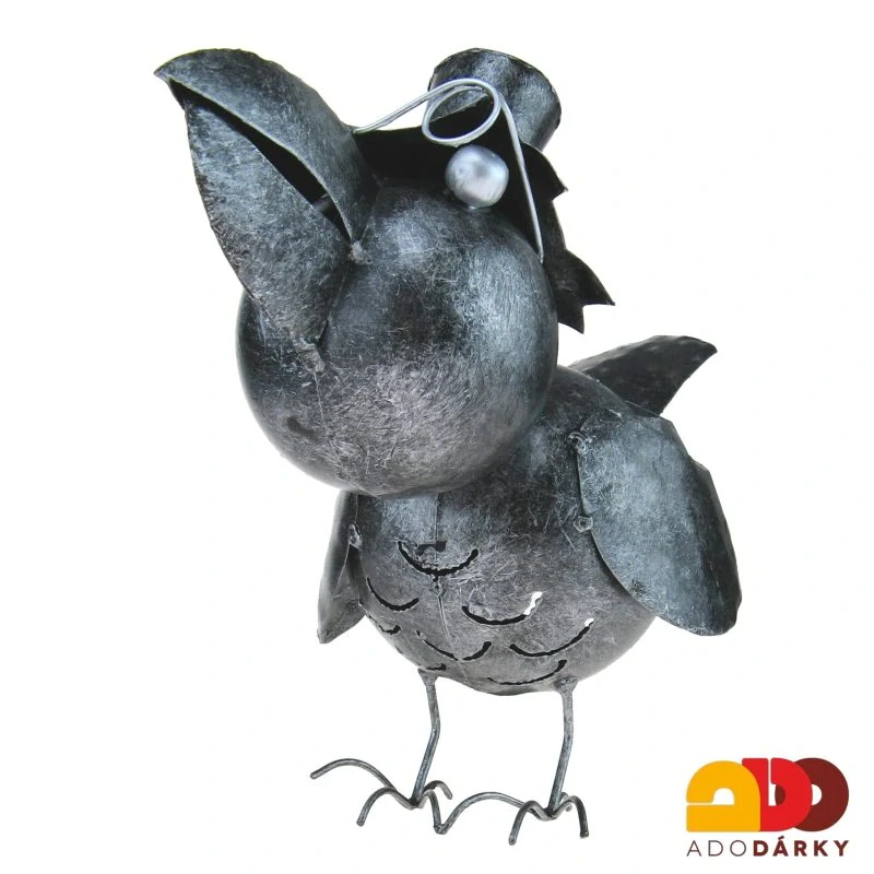 Kovový pták s brýlemi a kloboukem - svícen 27 cm