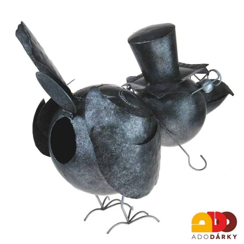 Kovový pták s brýlemi a kloboukem - svícen 48 cm