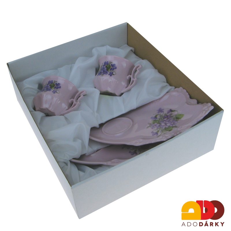 Snídaňová sada 2 hrnků s podšálkem růžový porcelán fialky 120 ml