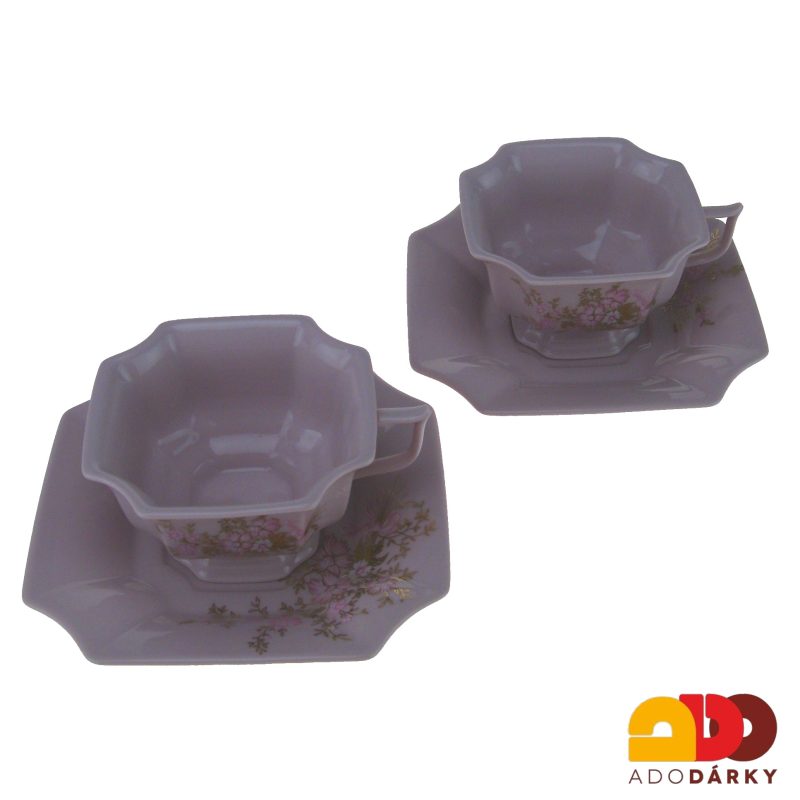 Sada čajových šálků s podšálky růžový porcelán - růžovozlaté květy 150 ml