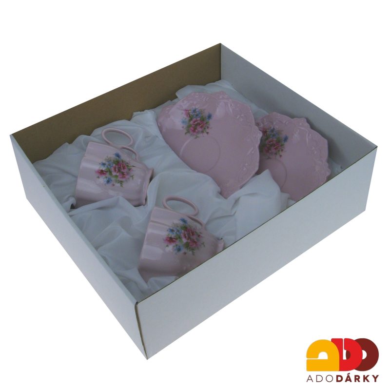 Sada šálků s podšálky růžový porcelán - gladys - drobné květy 200 ml