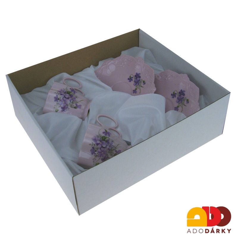 Sada šálků s podšálky růžový porcelán fialky 200 ml