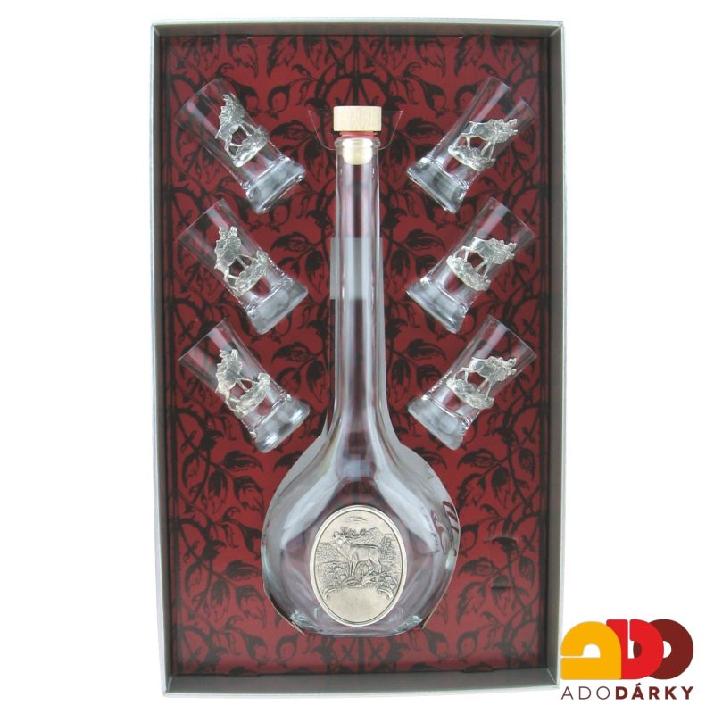 Sada lahve a šesti odlivek s cínovými dekoracemi jelena