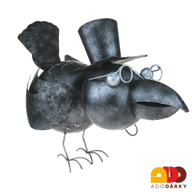 Kovový pták s brýlemi a kloboukem - svícen 48 cm