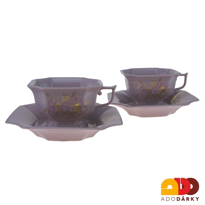 Sada čajových šálků s podšálky růžový porcelán - růžovozlaté květy 150 ml