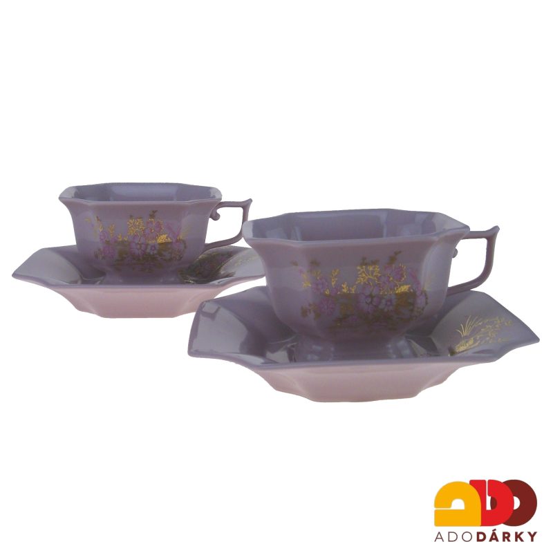 Sada čajových šálků s podšálky růžový porcelán - růžovozlaté květy 150 ml