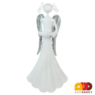 Bílý plechový anděl svícen 35 cm