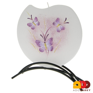 Svíčka 1 knot tři motýli růžovo - fialoví + kovový stojánek