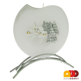 Svíčka 1 knot Zimní krajina bílostříbrná + kovový stojánek