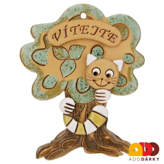 Strom s kočkou s béžovobílým ocasem "Vítejte" 14 cm