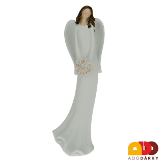 Anděl s hnědými vlasy a kyticí květů 20 cm