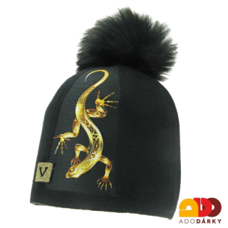 Vlněná zimní čepice černá se zlatou ještěrkou