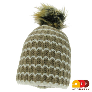 Pletená zimní čepice hnědo béžová vzorovaná s bambulí