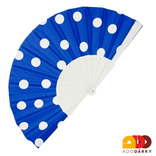 Vějíř plastový s puntíky modro bílý 42 cm