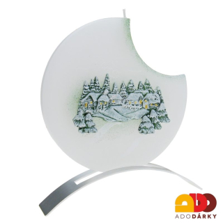 Svíčka 1 knot Zimní krajina bílozelená + kovový stojánek