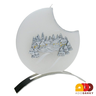 Svíčka 1 knot Zimní krajina bílostříbrná + kovový stojánek