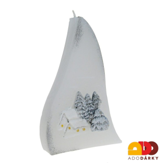 Svíčka jehlan Zimní krajina stříbrná 11 cm