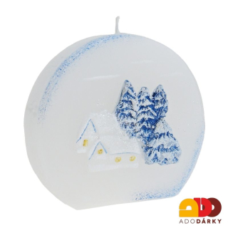 Svíčka kulatá Zimní krajina modrá 8 cm
