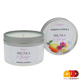 Sójová svíčka v plechové krabičce Hruška a frézie