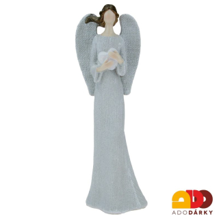 Anděl šedý s třpytkami a srdcem 25 cm