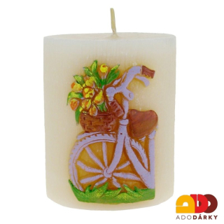 Svíčka ovál bicykl s květy bílá 8 cm