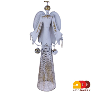 Plechový anděl s rolničkami bílozlatý bez podstavy 48 cm