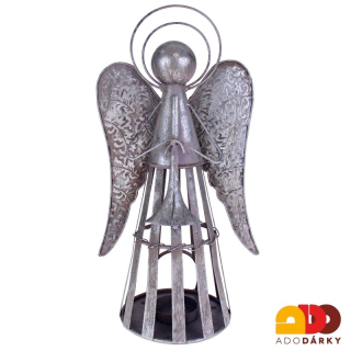 Plechový svícen anděl patina s trubkou 35 cm