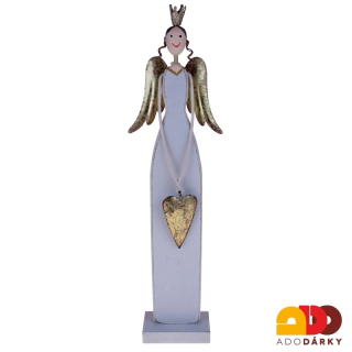 Anděl dřevěný s korunkou a srdcem 32 cm