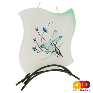 Svíčka 2 knoty vážka modro - zelená + kovový stojánek