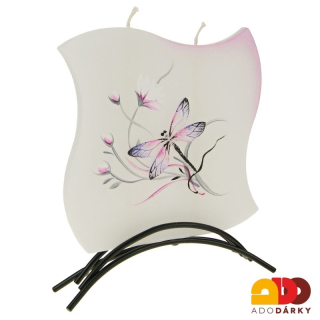 Svíčka 2 knoty vážka fialovo - růžová + kovový stojánek