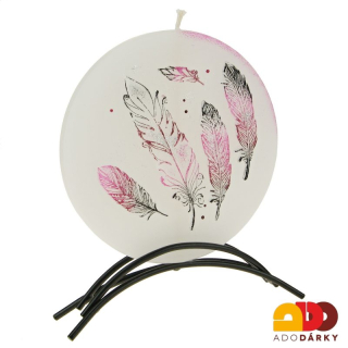 Svíčka 1 knot ptačí pírka růžová + kovový stojánek