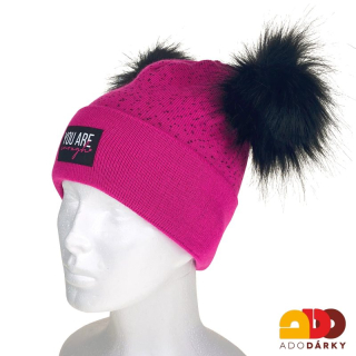 Dámská zimní čepice s dvěma bambulemi jasně růžová