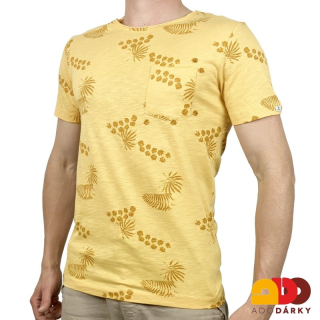 Pánské triko žluté s listy a kapsičkou