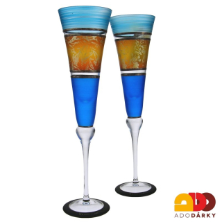 Sada dvou ručně zdobených fléten modro oranžovo zelené barvy 180 ml