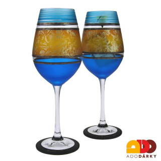 Sada dvou ručně zdobených číší modro oranžovo zelené barvy 250 ml